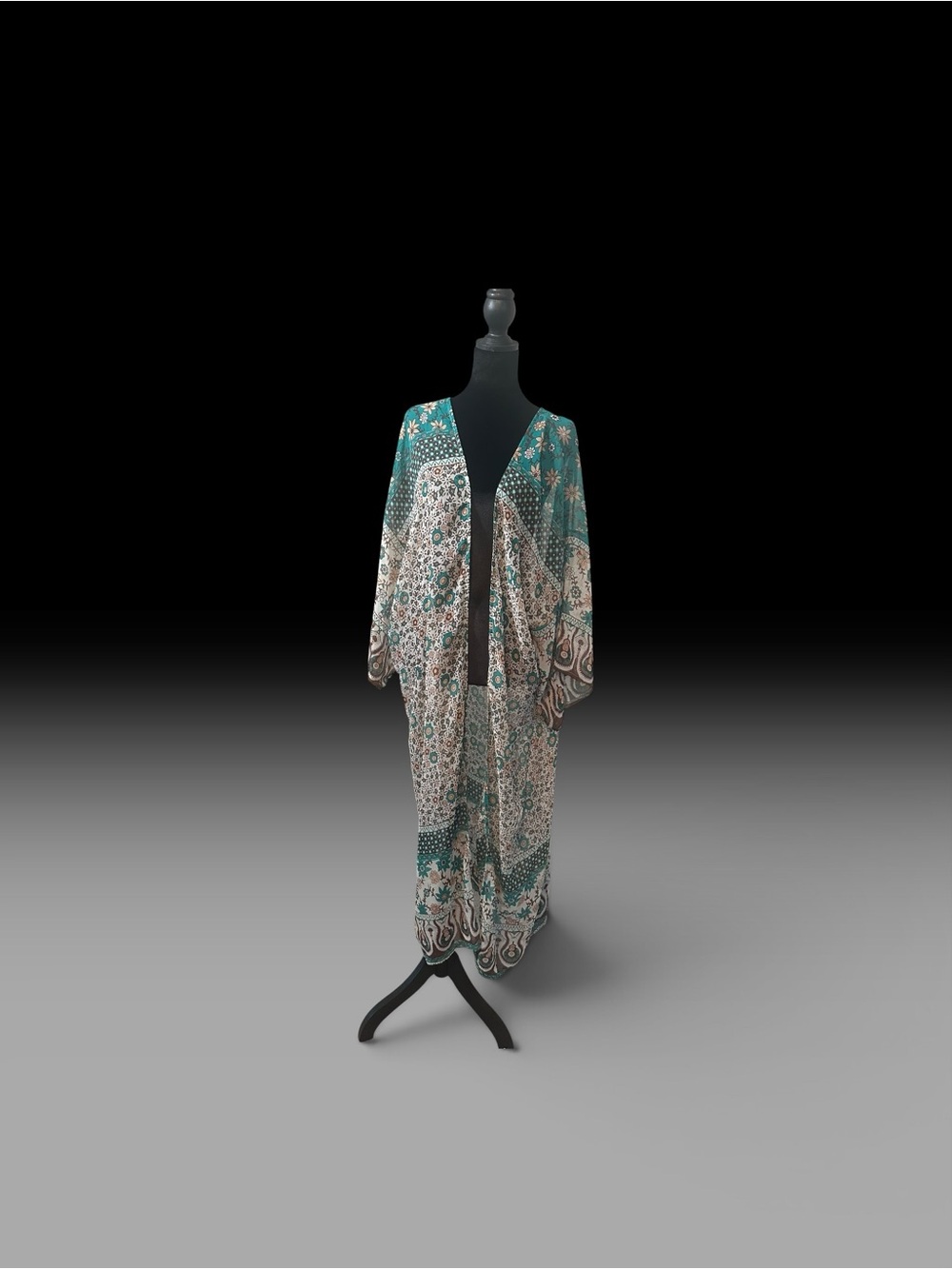 Bohemian Teal & Cream Paisley Open-Front Kimono Cape